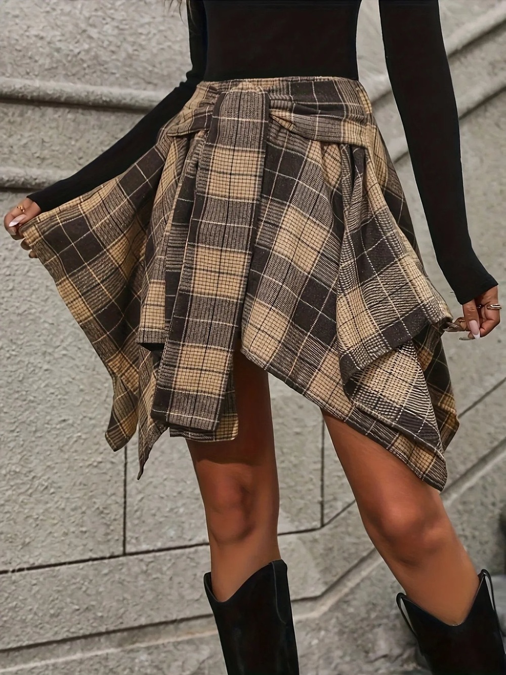 Plaid Tie-Waist Handkerchief Asymmetrical Skirt Brown & Black EUC Size - XL
